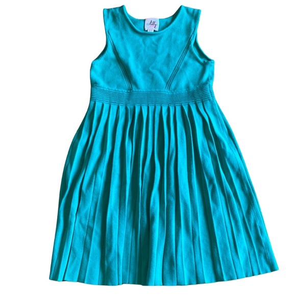 Milly Minis Girl Size 6/7 Green Josephine Pleated Ribbed Knit Flounced Hem Dress - Picture 1 of 10